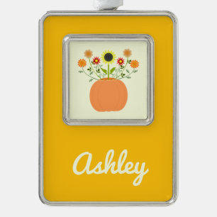 Thanksgiving Bloemen in Pompoen Custom Naam Verzilverd Kader Ornament