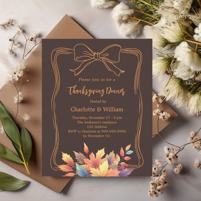 Thanksgiving Bow Bister Brown Leaves Invitation (Creator heeft geüpload)