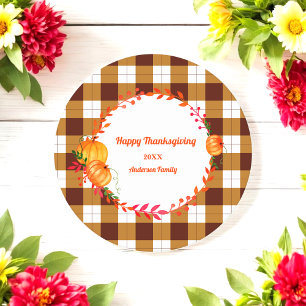 Thanksgiving Bruine Witte Geruite Pompoen Ronde Kartonnen Onderzetter