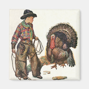 Thanksgiving, Cowboy die een Turkije vangt Magneet