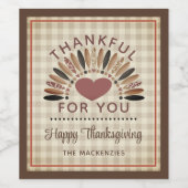 Thanksgiving DANKBAAR VOOR U Rustieke Gingham Wijn Etiket (Enkel label)