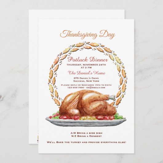 Thanksgiving Day Potluck Diner Invitation (Devant / Derrière)