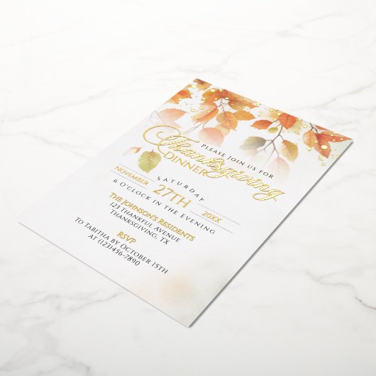 Thanksgiving Diner Elegant Fall Leaves Gold Folie Uitnodiging (Gedraaid)