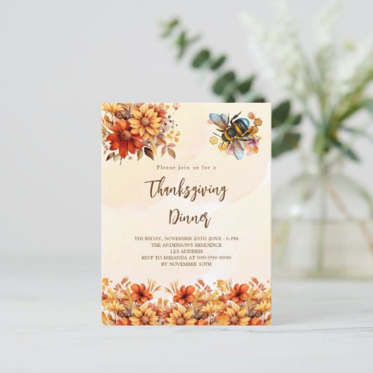 Thanksgiving Diner Feest sinaasappel herfst Bloeme Uitnodiging Briefkaart (Staand voorkant)