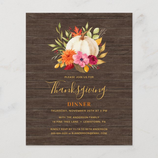 THANKSGIVING DINER FLORAL PUMPKIN BUDGET INVITE (Voorkant)