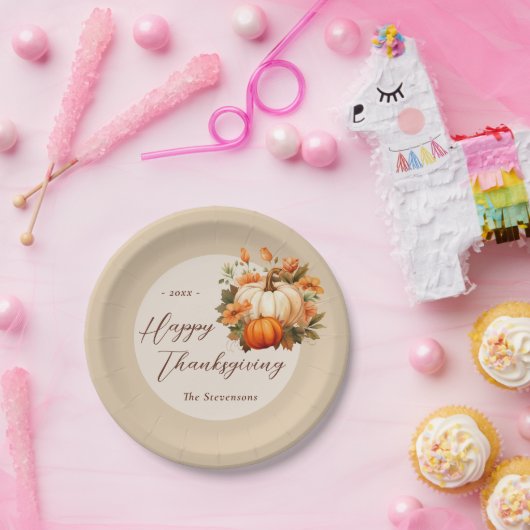 Thanksgiving Diner Pompoen Bloemen Script Beige Papieren Bordje (Feest)