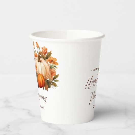 Thanksgiving Diner Pompoen Bloemen Script Wit Papieren Bekers (Links)