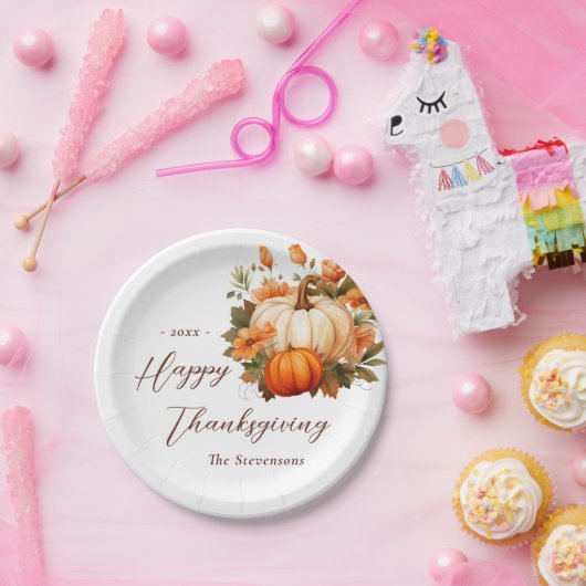 Thanksgiving Diner Pompoen Bloemen Script Wit Papieren Bordje (Feest)