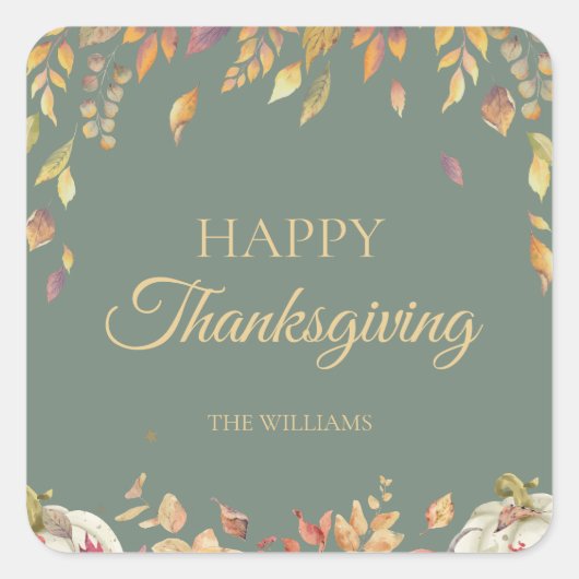 Thanksgiving Diner Waterverf Herfst Sage Vierkante Sticker (Voorkant)