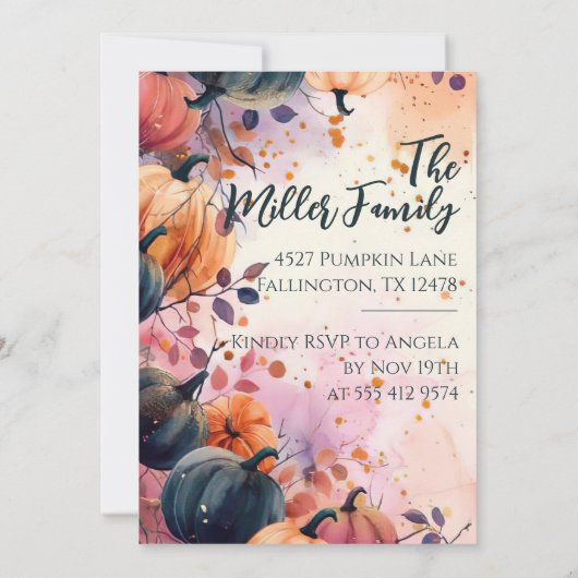 Thanksgiving Diner Waterverf Pompoen Uitnodiging (Achterkant)