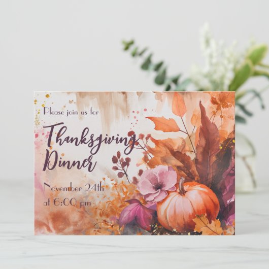 Thanksgiving Diner Waterverf Pompoenen Uitnodiging (Staand voorkant)