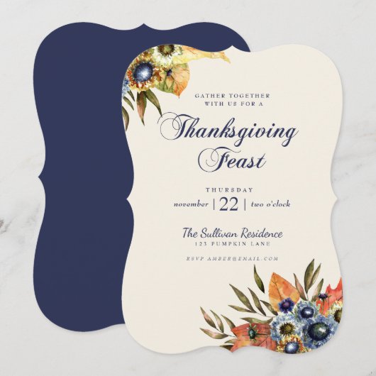 Thanksgiving Dinner Feast Invitation Floral Navy Kaart (Voorkant / Achterkant)