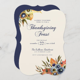 Thanksgiving Dinner Feast Invitation Floral Navy Kaart