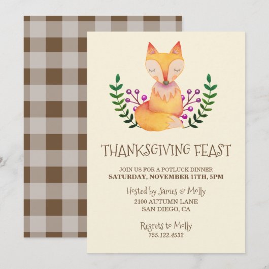 Thanksgiving Dinner Party Waterverf Fox Kaart (Voorkant / Achterkant)