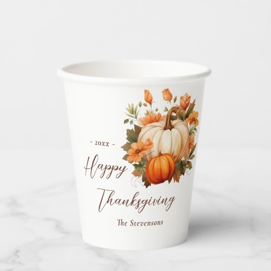 Thanksgiving Dinner Pompoen Bloem Schreef Wit Papieren Bekers (Voorkant)