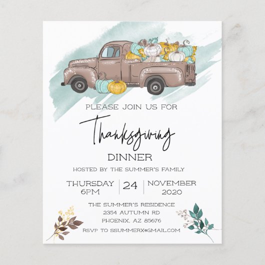 Thanksgiving Dinner Pumpkin Truck Waterverf Uitnod Flyer (Voorkant)