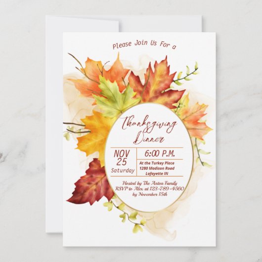 Thanksgiving Fall Leaves Dinner Invitation Kaart (Voorkant)