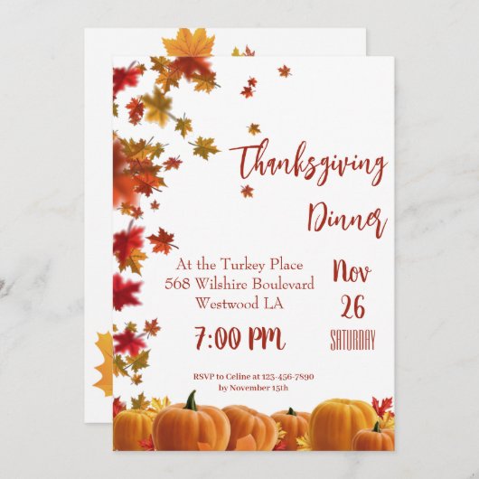 Thanksgiving Fall Leaves Pumpkin Dinner Invitation (Devant / Derrière)