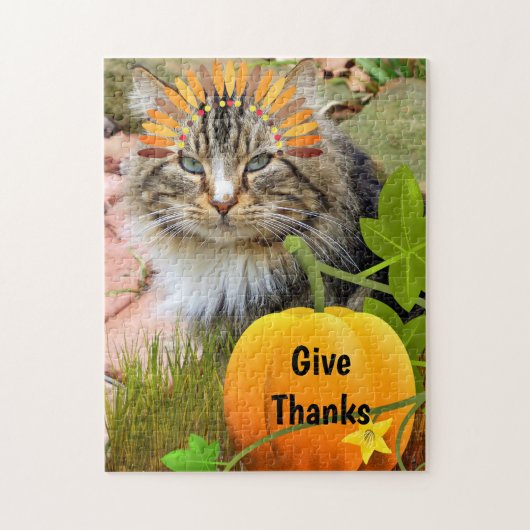 Thanksgiving "Geef Bedankt" Cute Cat en Pumpkin Legpuzzel (Verticaal)