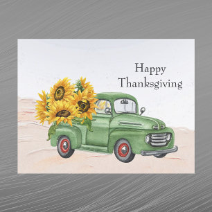 Thanksgiving groene vrachtwagen zonnebloemen Feestdagenkaart