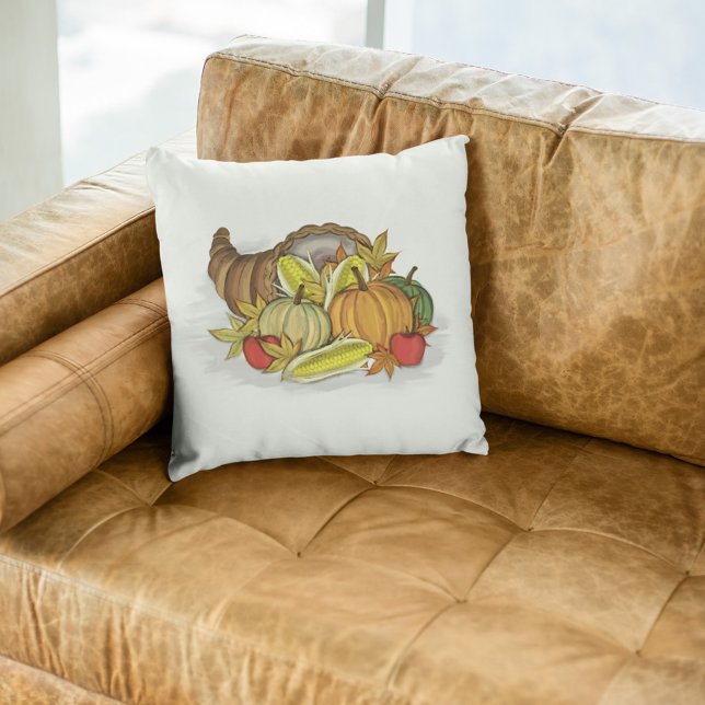 Thanksgiving Herfst Cornucopia Eenvoudig Kussen (Fall Harvest Cornucopia watercolor throw pillow. )