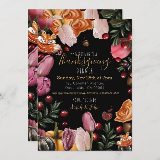 Thanksgiving Invitation fleurie colorée (Devant / Derrière)