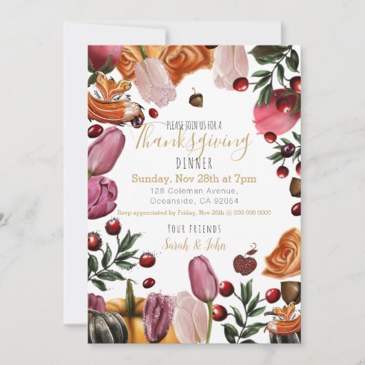 Thanksgiving Invitation fleurie colorée (Devant)