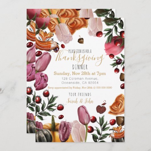 Thanksgiving Invitation fleurie colorée (Devant / Derrière)
