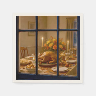 Thanksgiving-kalkoenfeest in raam servet