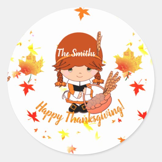 Thanksgiving kleine pelgrim ronde sticker (Voorkant)