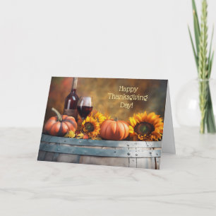 Thanksgiving met wijn Pompoenen Zonnebloemen Wijn Feestdagen Kaart