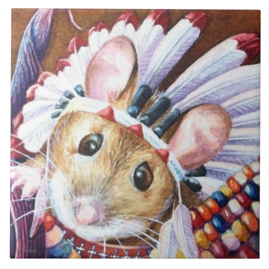 Thanksgiving Native American Mouse Waterverf Art  Tegeltje (Voorkant)