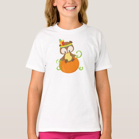 Thanksgiving Owl, bruine boomgaard, veren, pompoen T-shirt (Voorkant)