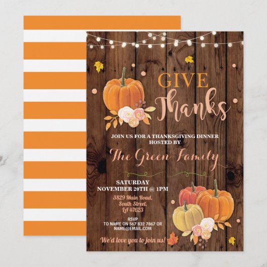 Thanksgiving Party Herfst Hout Pompoen Diner Kaart (Voorkant / Achterkant)