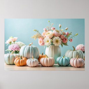 Thanksgiving Pastel Pompoenen en Bloemen Arrangeme Poster