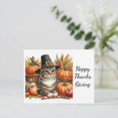 Thanksgiving pelgrim kat en pompoenen briefkaart (Staand voorkant)