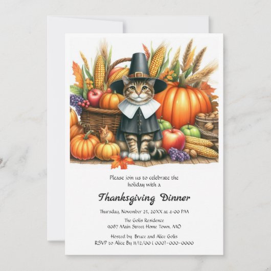 Thanksgiving pelgrim kat en pompoenen kaart (Voorkant)