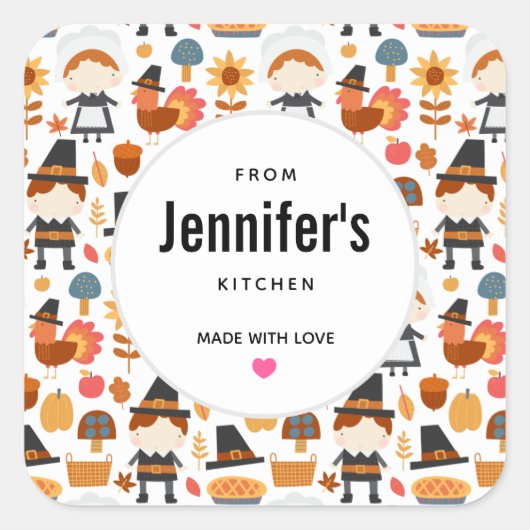 Thanksgiving Pelgrims Oogst Pattern Keuken Vierkante Sticker (Voorkant)