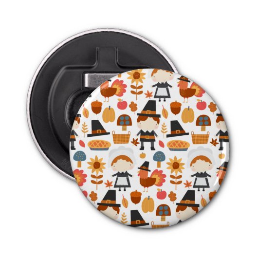Thanksgiving Pilgrims Harvest Pattern Button Flesopener (Voorkant)