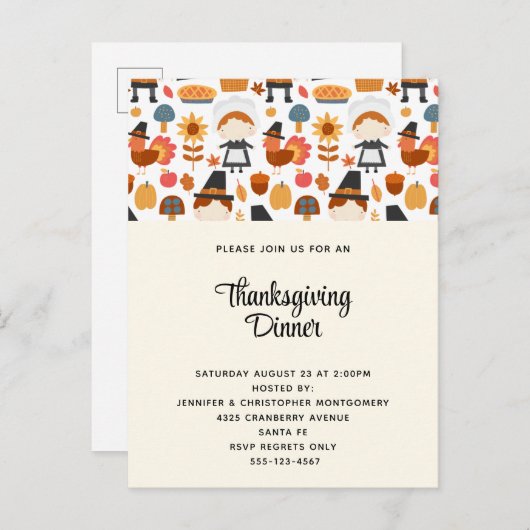 Thanksgiving Pilgrims Harvest Pattern Dinner Uitnodiging Briefkaart (Voorkant / Achterkant)