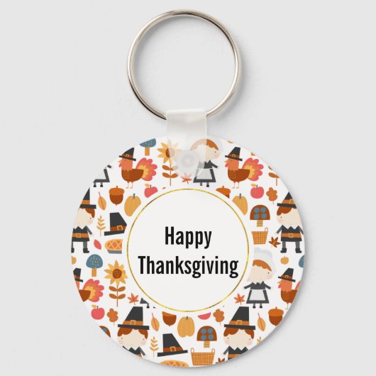Thanksgiving Pilgrims Harvest Pattern Sleutelhanger (Voorkant)