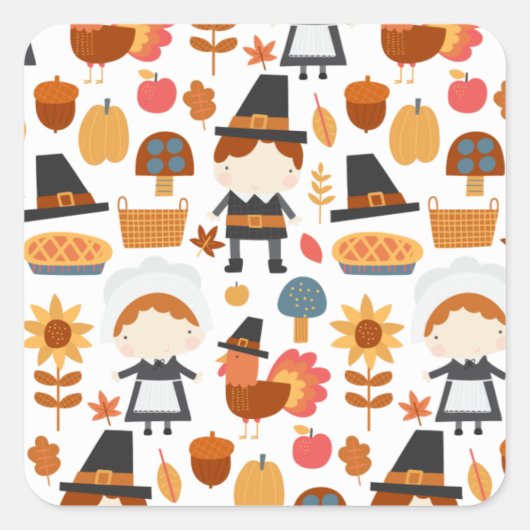 Thanksgiving Pilgrims Harvest Pattern Vierkante Sticker (Voorkant)