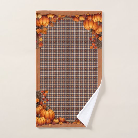 Thanksgiving Plaid avec frontière Citrouille (Serviette à main)