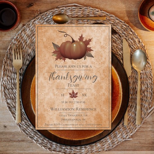 Thanksgiving pompoen Damask | Oranje diner Kaart