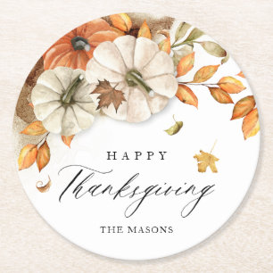 Thanksgiving pompoen en bladeren ronde kartonnen onderzetter