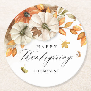 Thanksgiving pompoen en bladeren ronde kartonnen onderzetter