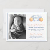 Thanksgiving Pompoen Monogram Dankbare Baby Geboor Aankondiging (Voorkant)