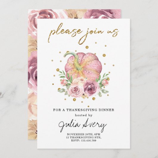 Thanksgiving Pompoen Roze Bloem Kaart (Voorkant / Achterkant)