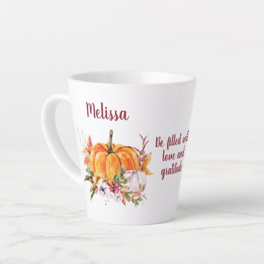 Thanksgiving pompoenen en bloemen met tekstlatine latte mok (Linkerhoek)