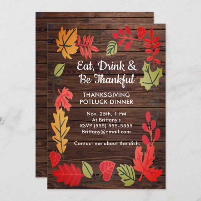 Thanksgiving Potluck Dark Brown Wood Invite (Voorkant / Achterkant)